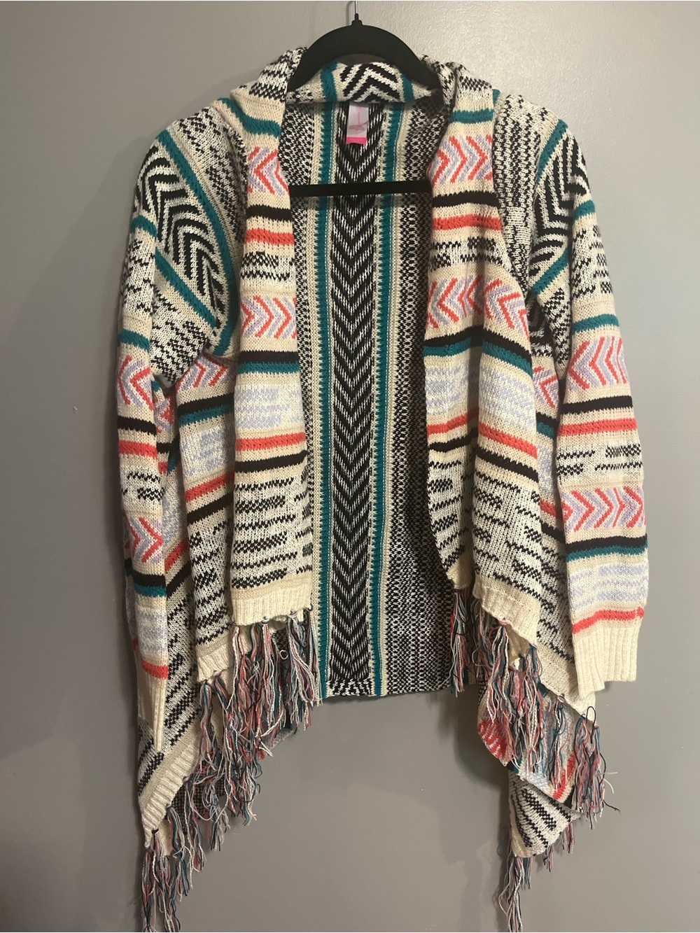 No Boundaries Cream Multi Chevron Fringe Open-Front Cardigan